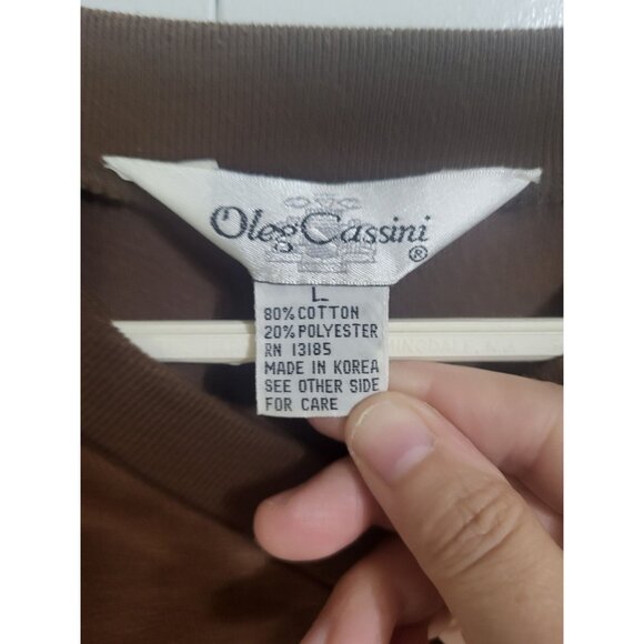 VTG OLEG CASSINI SZ LG Colorblock Brown Velour Pullover Top V Neck y2k 90s - Picture 2 of 7